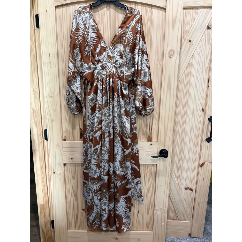 Fabrik Rust Brown Tropical Floral Palm Maxi Dress V-Neck Balloon Sleeve M